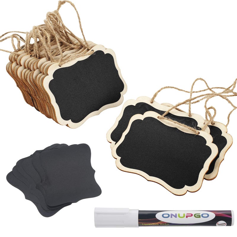 ONUPGO 16 Pack Chalkboard Tags with Liquid Chalk Marker, Double Sided Blackboard with Hanging String, Wooden Mini Erasable Chalkboard Signs, Hanging Chalkboard Labels, Price Tags, Message Tags - Image 1